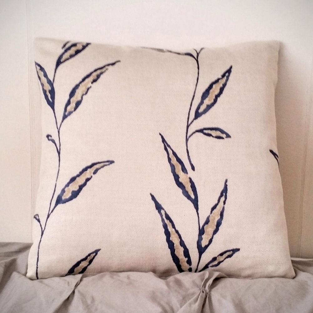 Sand & Blue Leaf Print Pillow Cover NWT